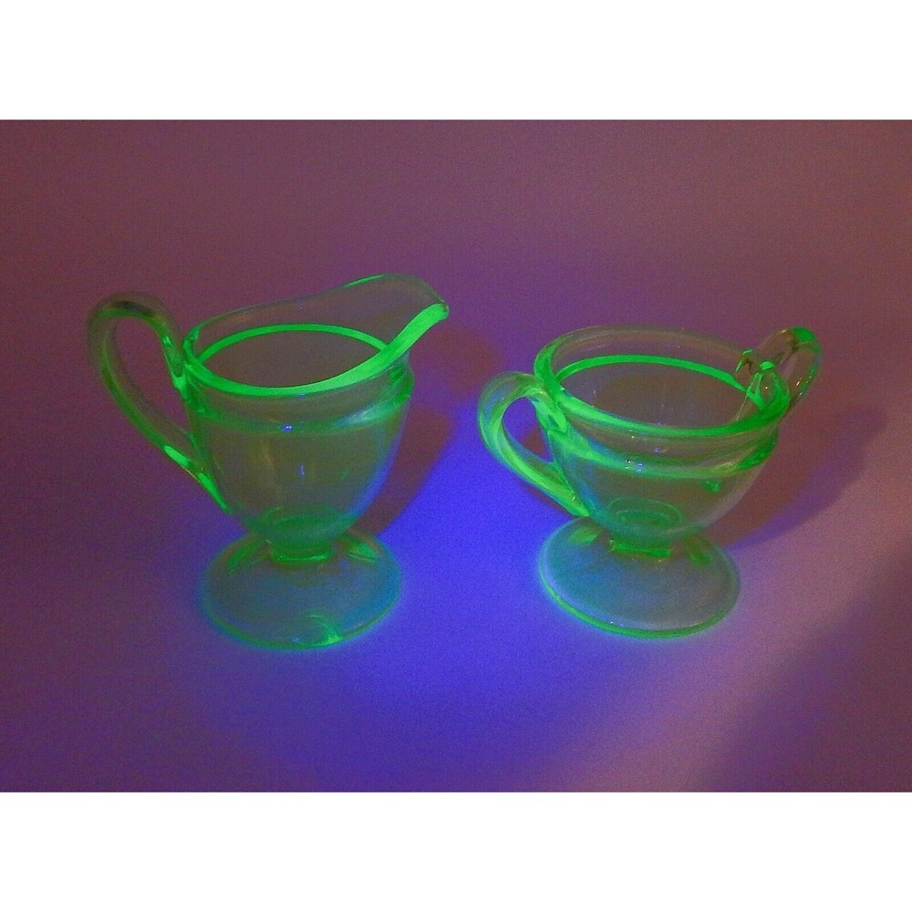 Cambridge Glass Uranium Open Sugar & Creamer Set Round Pedestal Vtg